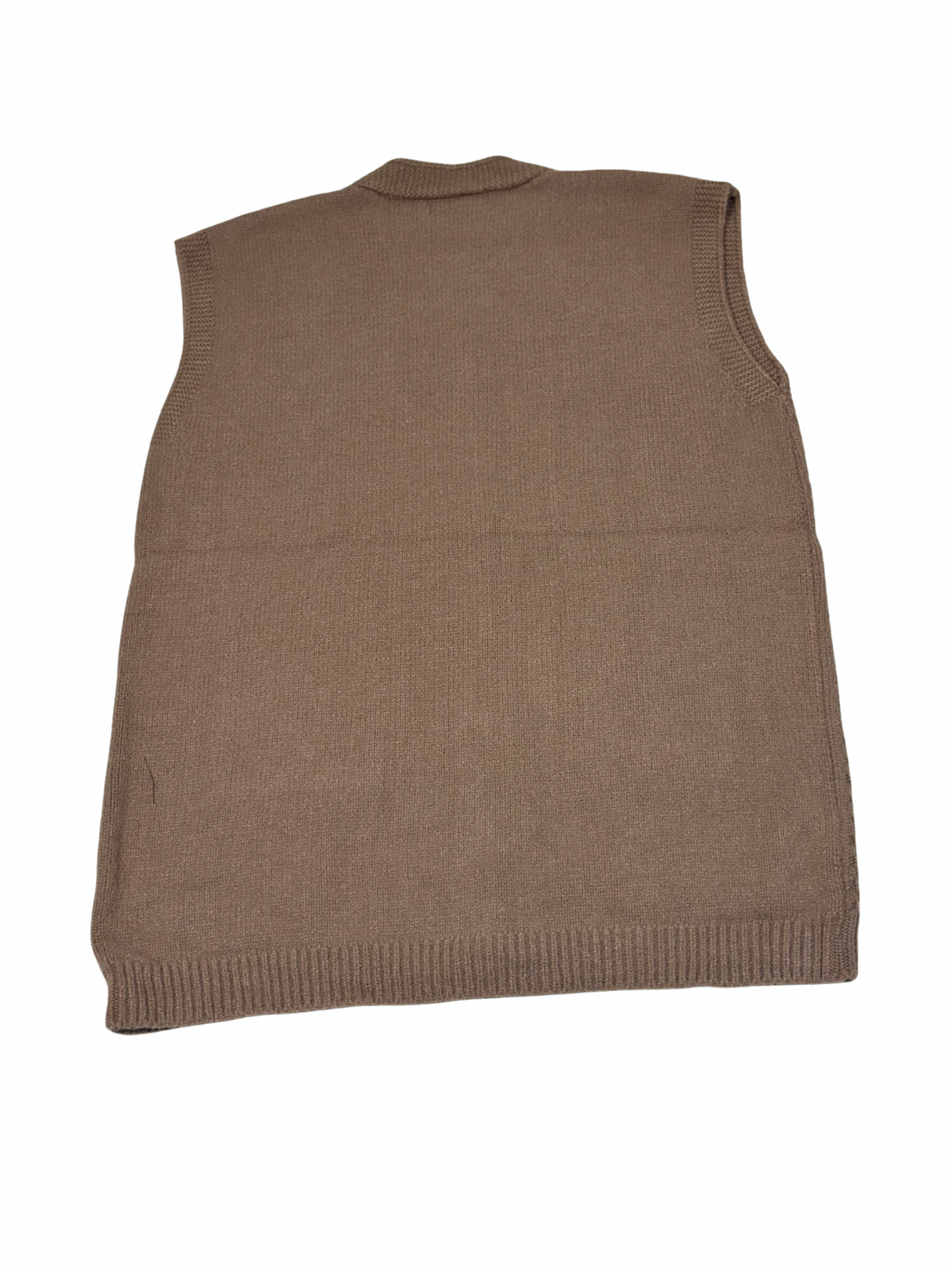 Cozy&Drape brown wool sleeveless cardigan sweater with a ribbed hem, shown from the back view.
