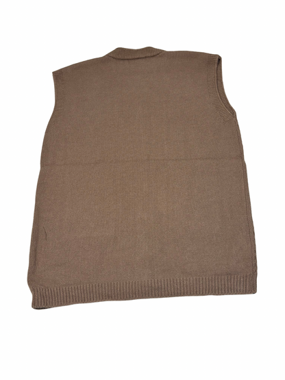 Cozy&Drape brown wool sleeveless cardigan sweater with a ribbed hem, shown from the back view.