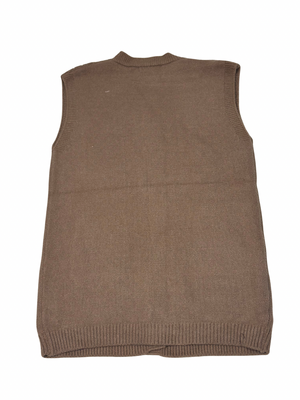 Cozy&Drape brown sleeveless wool cardigan sweater with an open front design and ribbed hem