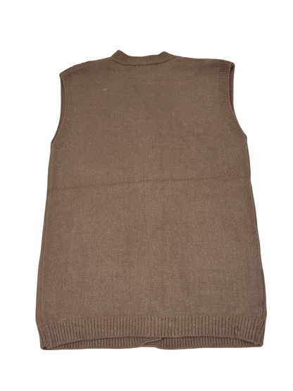 Cozy&Drape brown sleeveless wool cardigan sweater with an open front design and ribbed hem