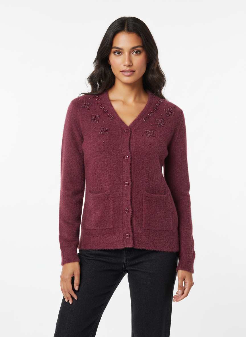 Model wearing a Cozy&Drape burgundy fuzzy knit cardigan with beaded floral neckline, button front, and patch pockets.
