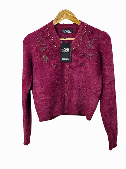 Cozy&Drape extra short burgundy cardigan sweater with beaded floral embroidery and button-front closure