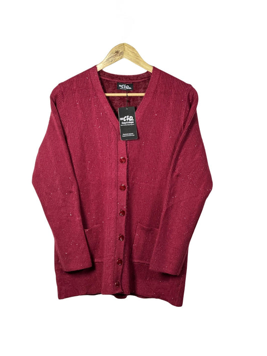 Cozy&Drape burgundy full-sleeved cardigan sweater with front buttons and pockets, hanging on a wooden hanger.