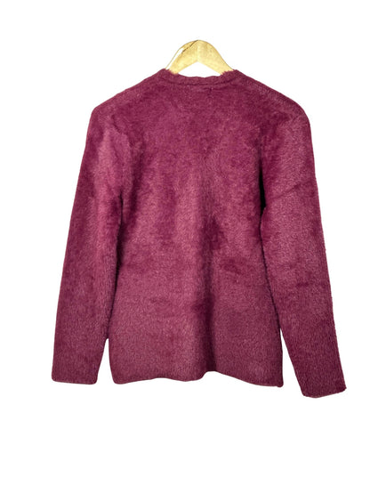 Cozy&Drape burgundy fuzzy knit long sleeve cardigan sweater, back view on a wooden hanger