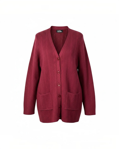 Cozy&Drape burgundy button-down knit cardigan with a V-neckline, full sleeves, and two front pockets.