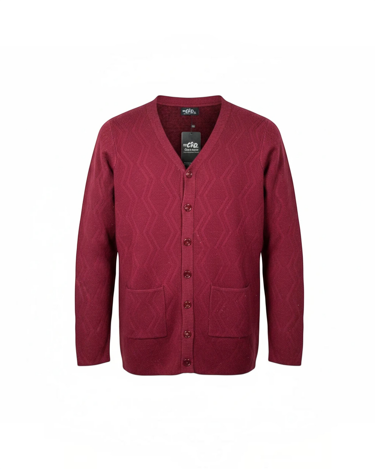 Cozy&Drape burgundy V-neck knit cardigan with a button-front closure, long sleeves, and two front pockets.