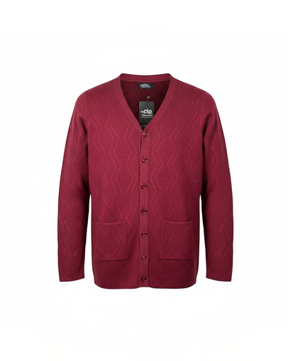 Cozy&Drape burgundy V-neck knit cardigan with a button-front closure, long sleeves, and two front pockets.
