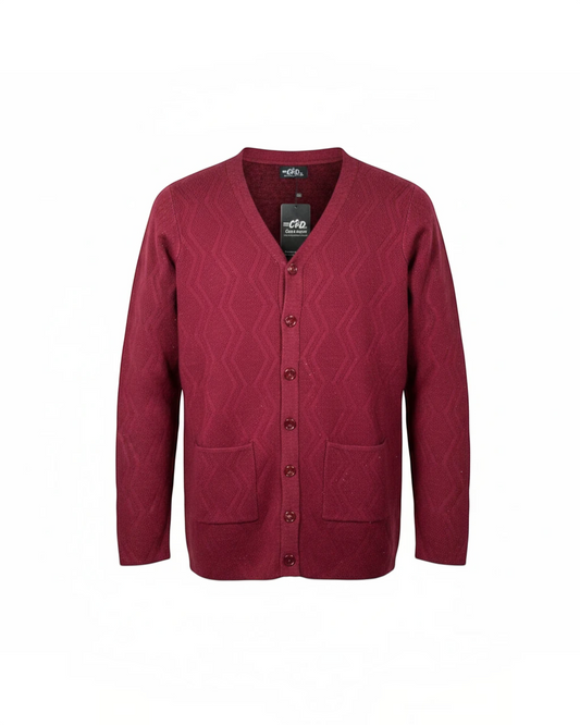Cozy&Drape burgundy V-neck knit cardigan with a button-front closure, long sleeves, and two front pockets.
