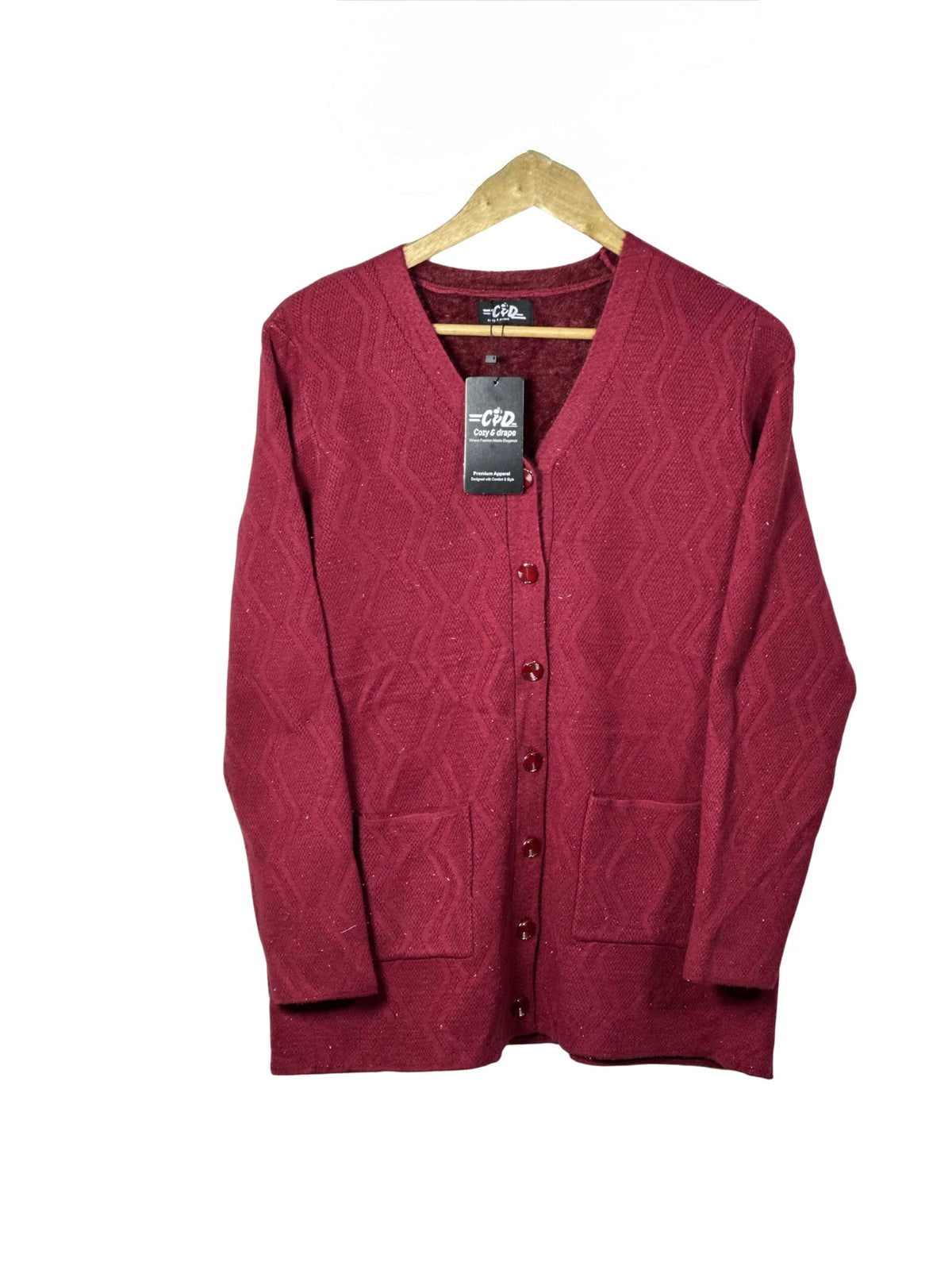 Cozy&Drape burgundy full-sleeve cardigan sweater with a textured diamond pattern, front buttons, and two pockets.