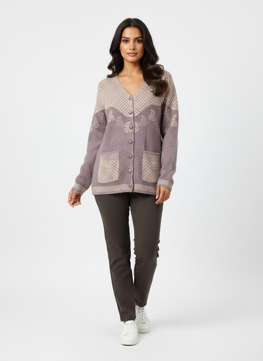 Cozy&Drape button-up knit cardigan with V-neck, floral and geometric patterns, and front pockets on a female model.