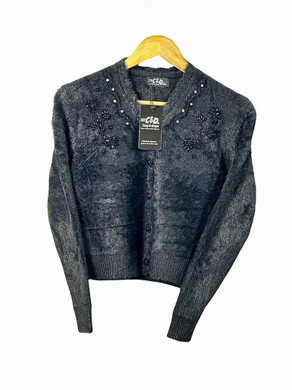 Cozy&Drape extra short fuzzy cardigan sweater in charcoal grey with beaded floral embroidery on the neckline