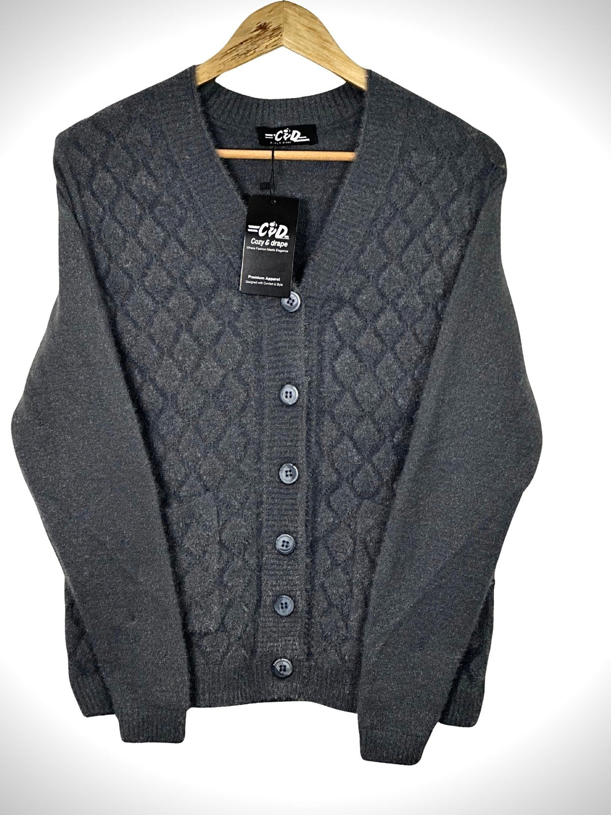 Cozy&Drape charcoal grey button-up cardigan sweater with a textured diamond knit pattern and front pockets.