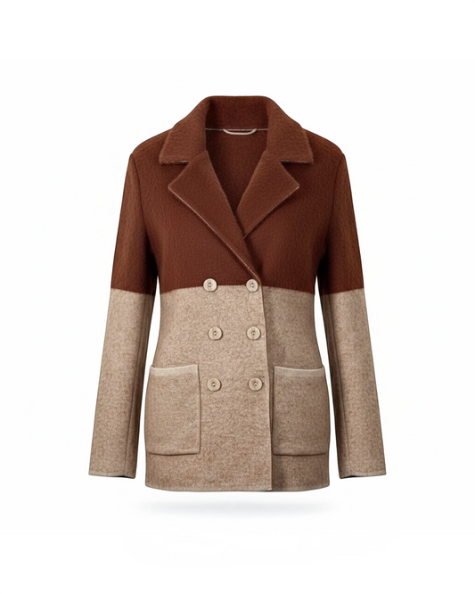 Cozy&Drape double-breasted knit blazer in brown and beige color-block with notched lapels and front patch pockets.