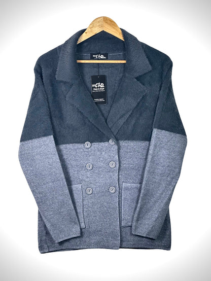 Cozy&Drape double-breasted knit blazer jacket in charcoal and grey color-blocked design with patch pockets
