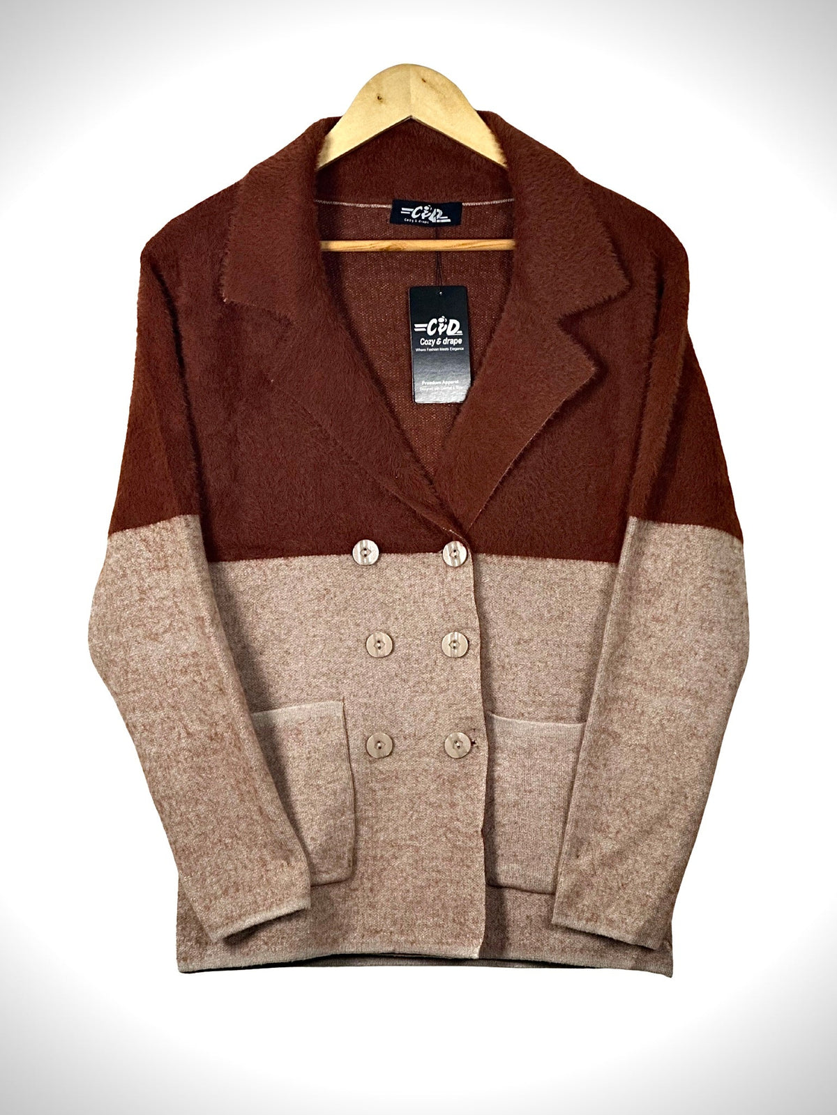 Cozy&Drape double-breasted knit blazer jacket in a brown and beige color-blocked design with patch pockets.