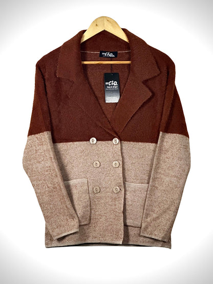 Cozy&Drape double-breasted knit blazer jacket in a brown and beige color-blocked design with patch pockets.