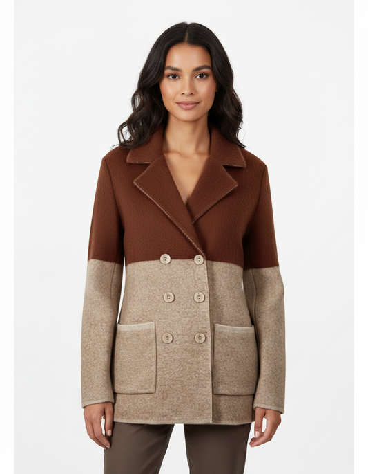 Model wearing a Cozy&Drape two-tone brown and beige double-breasted knit blazer with patch pockets and notched lapels.