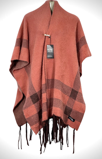 Cozy&Drape coral and brown plaid winter cape shawl with fringe trim and pearl-accented clasp