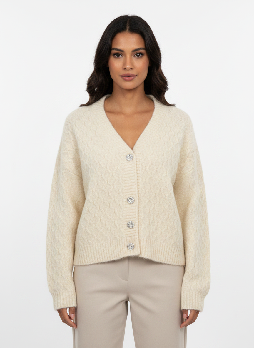 Model wearing a Cozy&Drape cream cable-knit V-neck cardigan with decorative buttons and ribbed trim