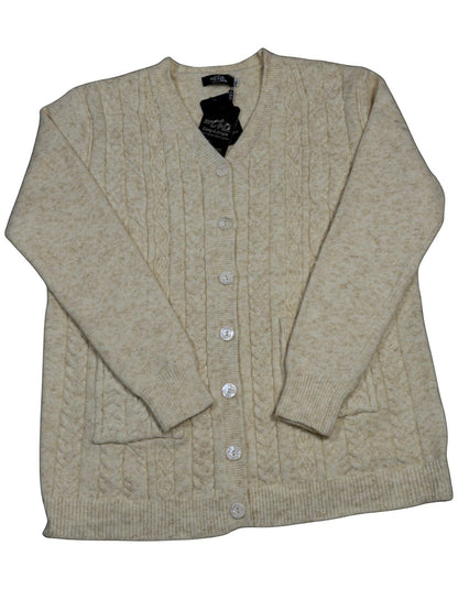 Cozy&Drape cream cable-knit cardigan with V-neck, full-button front, and two pockets in a shimmering knit fabric.