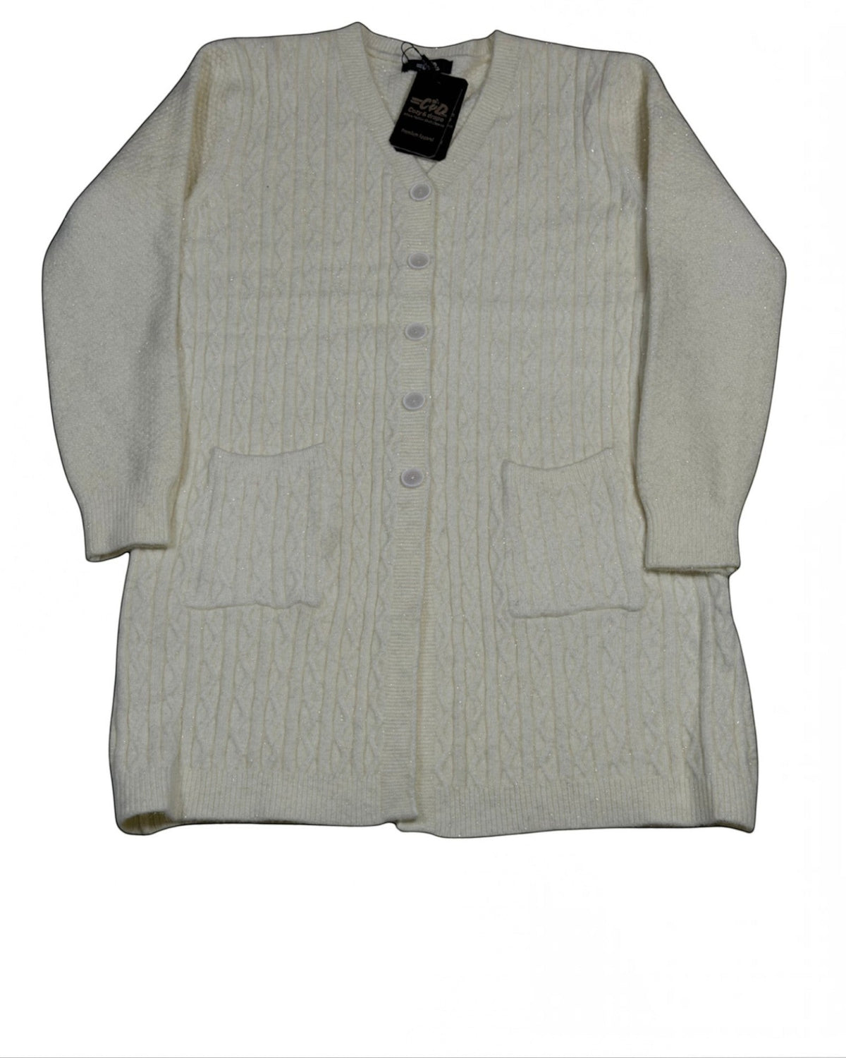 Cozy&Drape cream cable-knit long button-down cardigan with front pockets and subtle shimmer detail.