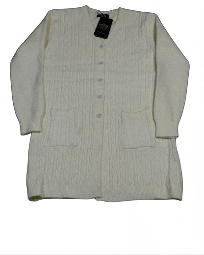 Cozy&Drape cream cable-knit long button-down cardigan with front pockets and subtle shimmer detail.