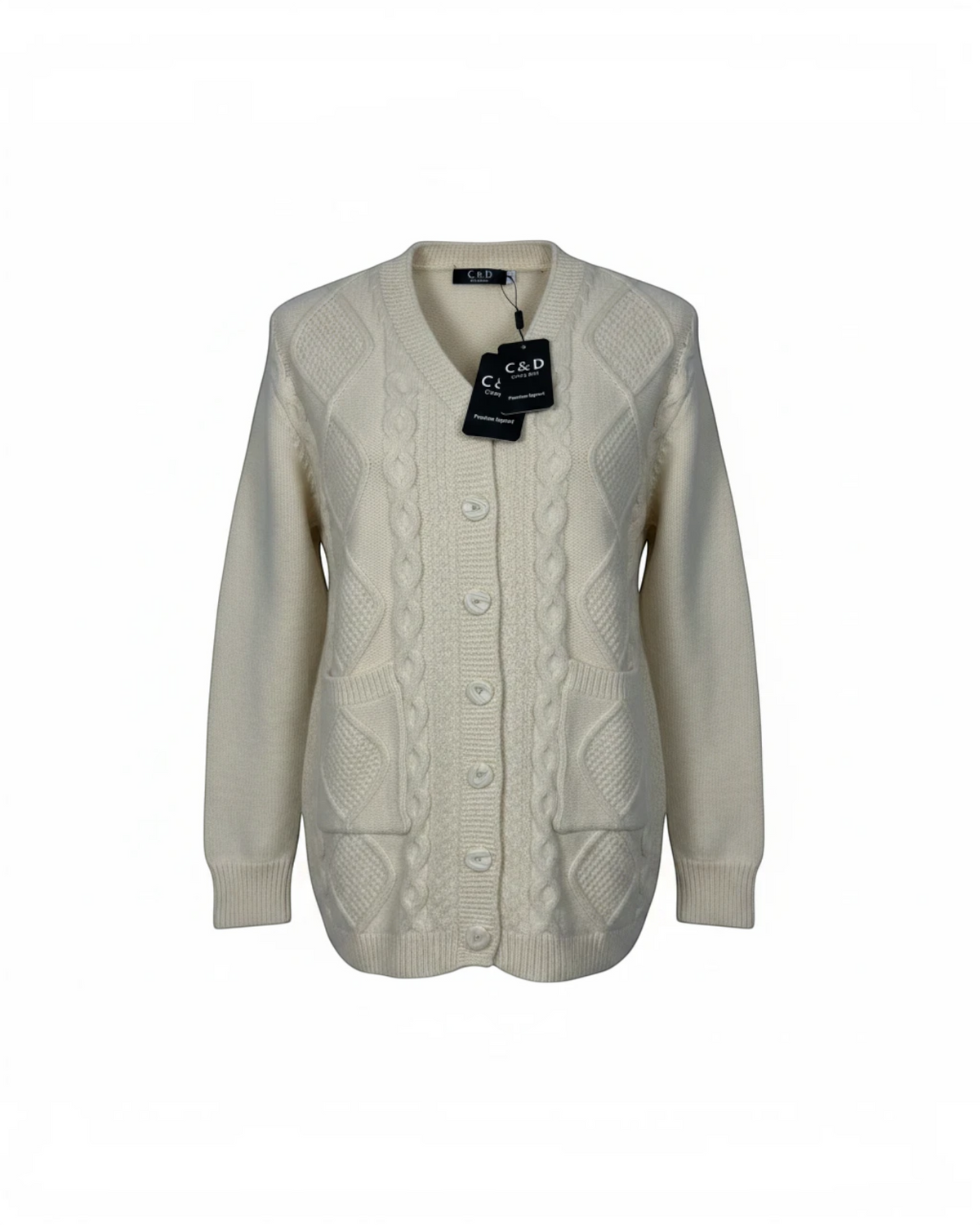 Cozy&Drape cream cable-knit cardigan with V-neck, button-down front, and two front pockets on a white background.