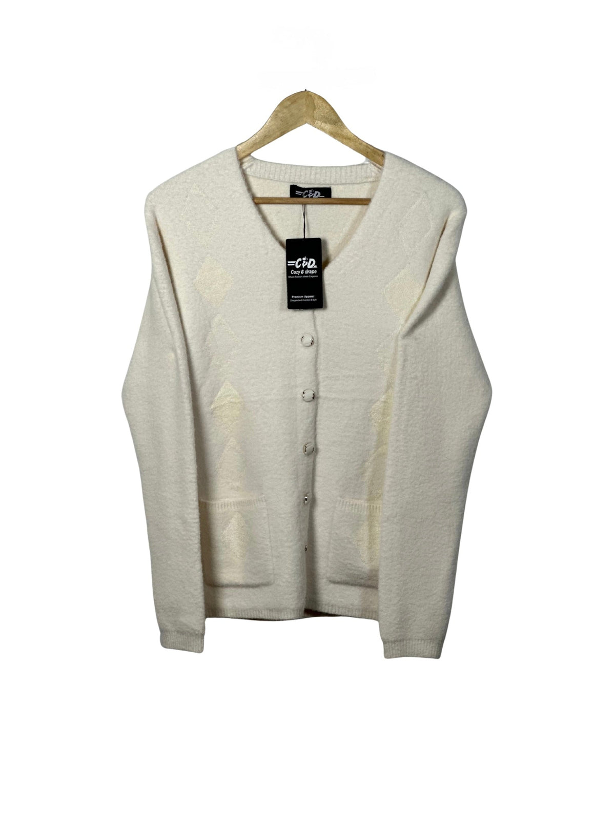Cozy&Drape cream full-sleeve cardigan sweater with a subtle diamond pattern, front buttons, and two pockets.