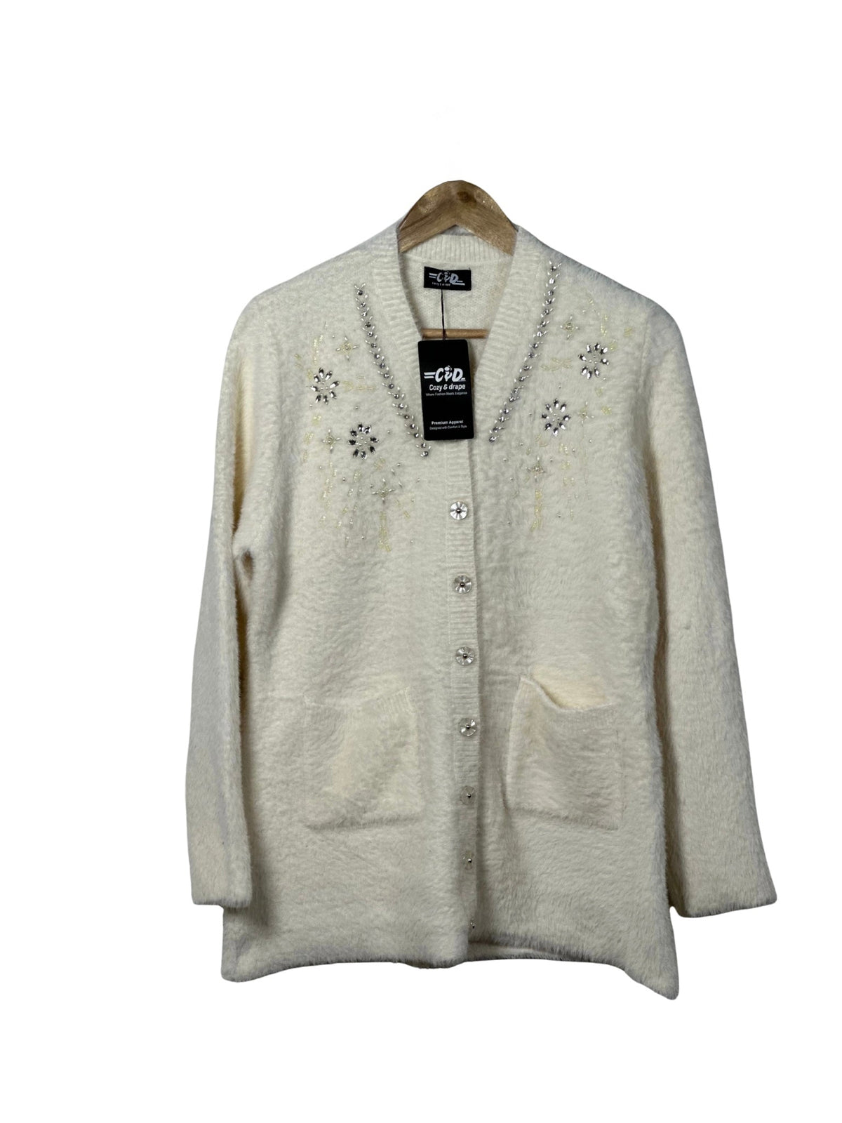 Cozy&Drape cream full sleeve cardigan sweater with front pockets and decorative rhinestone embellishments
