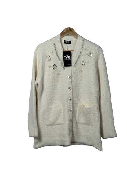 Cozy&Drape cream full sleeve cardigan sweater with front pockets and decorative rhinestone embellishments