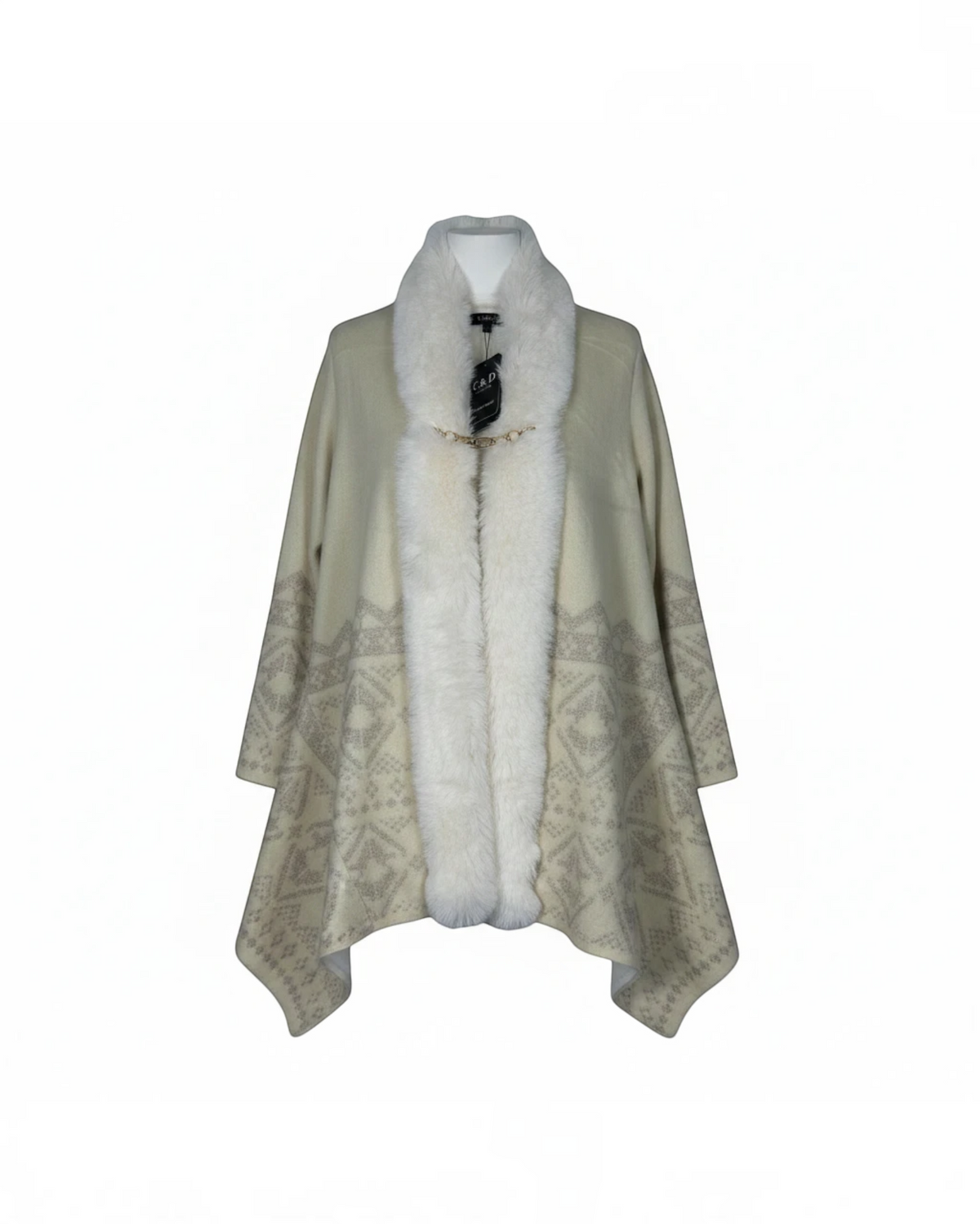 Cozy&Drape cream knit cardigan with white faux fur trim, geometric pattern, and gold-tone clasp closure.