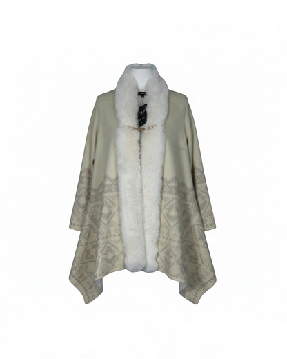 Cozy&Drape cream knit cardigan with white faux fur trim, geometric pattern, and gold-tone clasp closure.