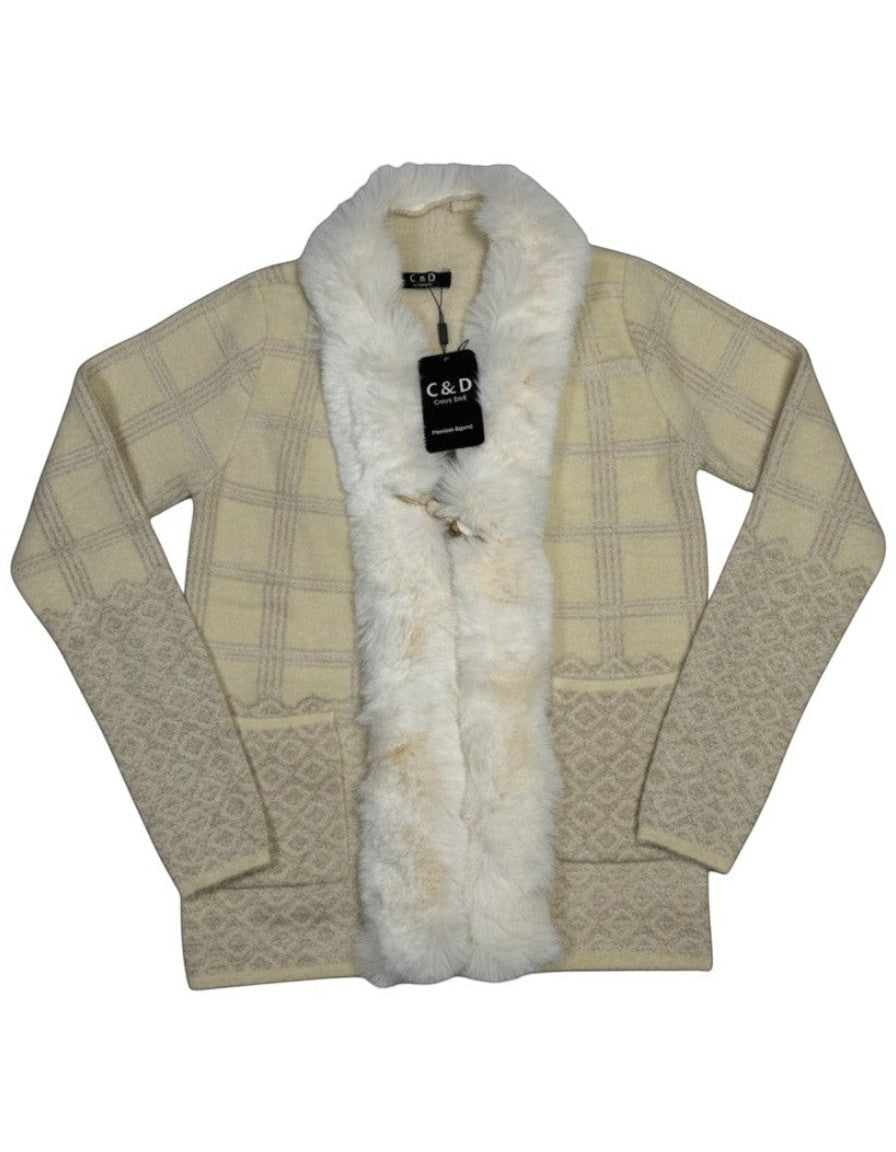 Cozy&Drape cream knit cardigan featuring a plush white faux fur trim, metallic thread, and geometric plaid pattern.