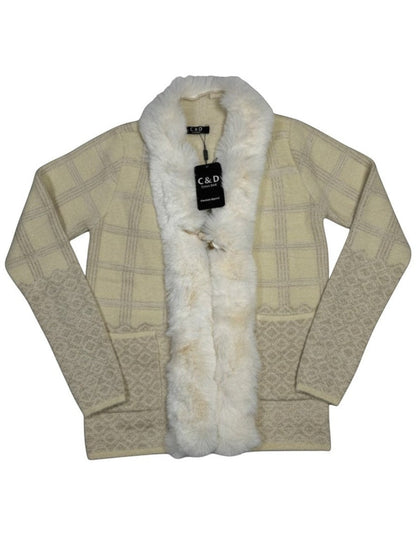 Cozy&Drape cream knit cardigan featuring a plush white faux fur trim, metallic thread, and geometric plaid pattern.