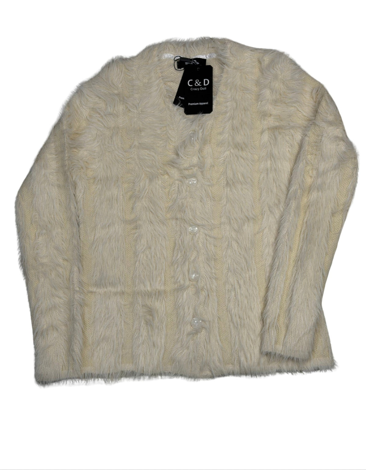 Cozy&Drape cream fur cardigan sweater with long sleeves, button-up front, and textured cable knit design.