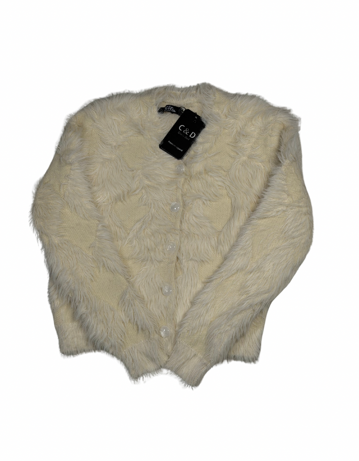Cozy&Drape extra short cream fur cardigan sweater with button-up front and textured finish