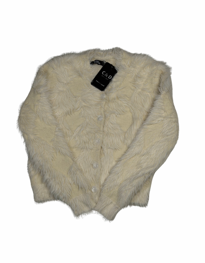 Cozy&Drape extra short cream fur cardigan sweater with button-up front and textured finish