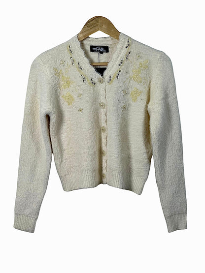 Cozy&Drape cream fuzzy extra short cardigan sweater with delicate floral beadwork and crystal embellishments