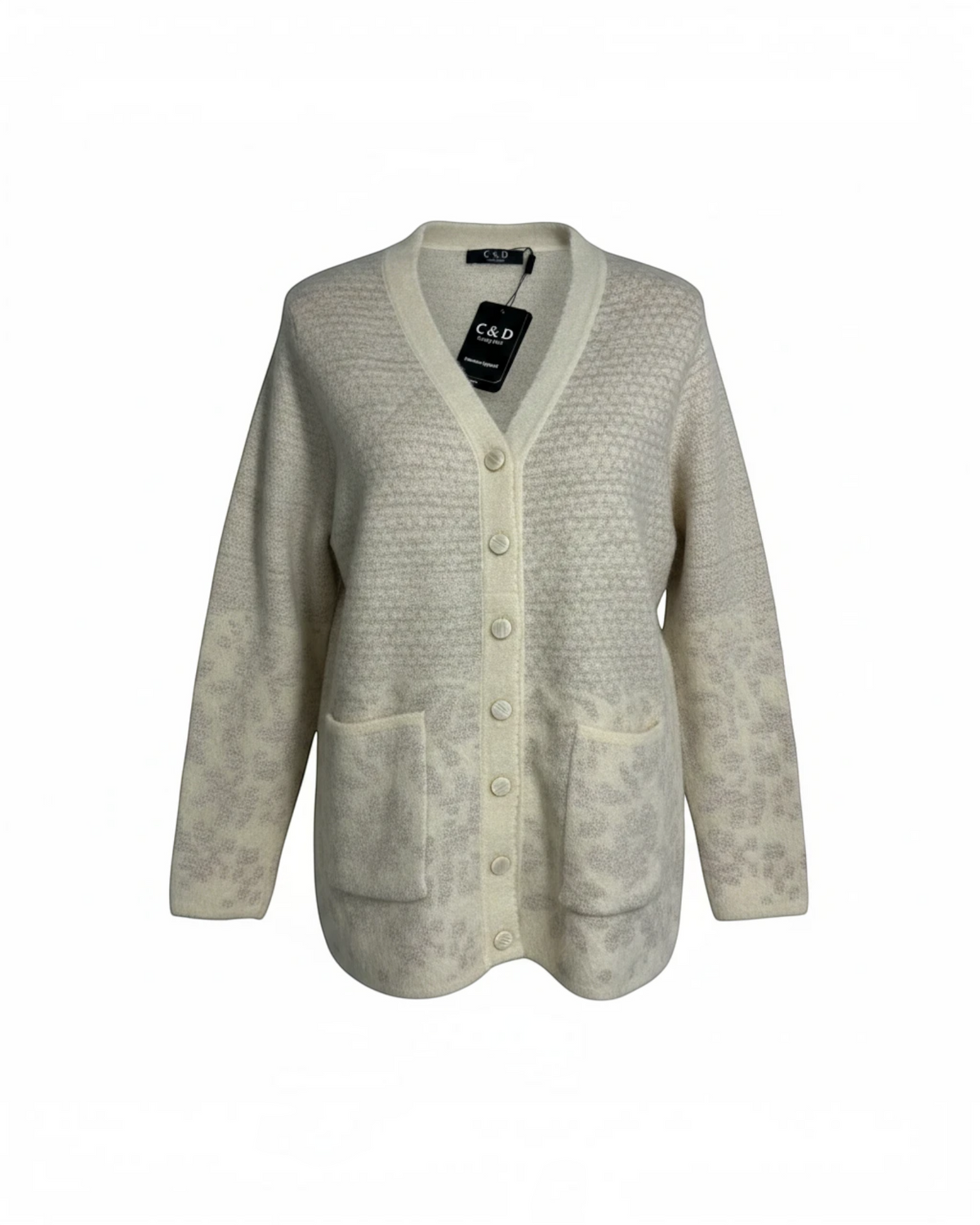 Cozy&Drape cream V-neck knit cardigan with button front, long sleeves, and subtle floral pattern with patch pockets.
