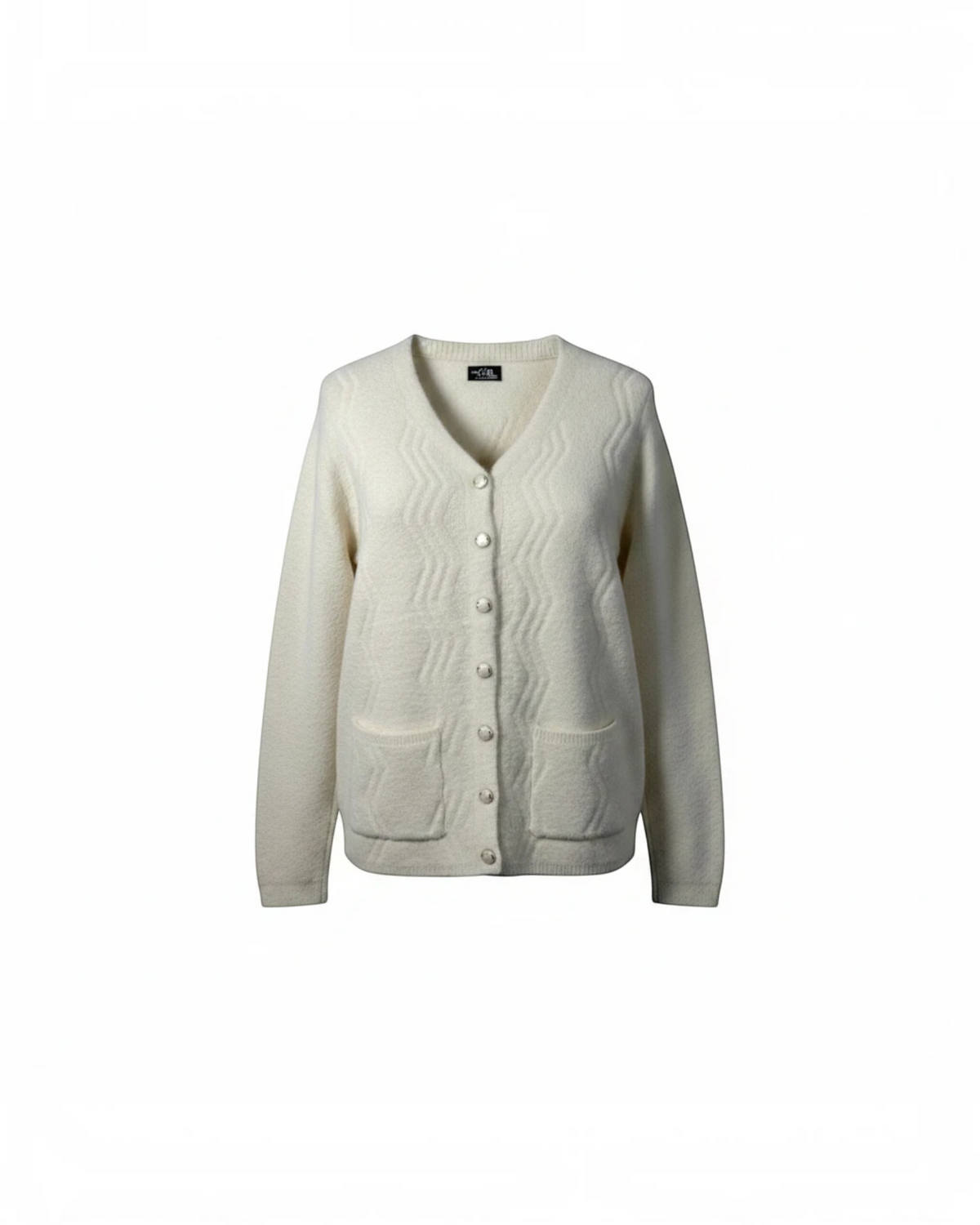 Cozy&Drape cream V-neck knit cardigan with a textured wave pattern, front buttons, and two patch pockets.