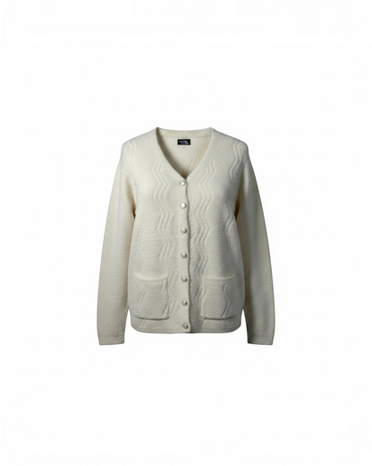 Cozy&Drape cream V-neck knit cardigan with a textured wave pattern, front buttons, and two patch pockets.