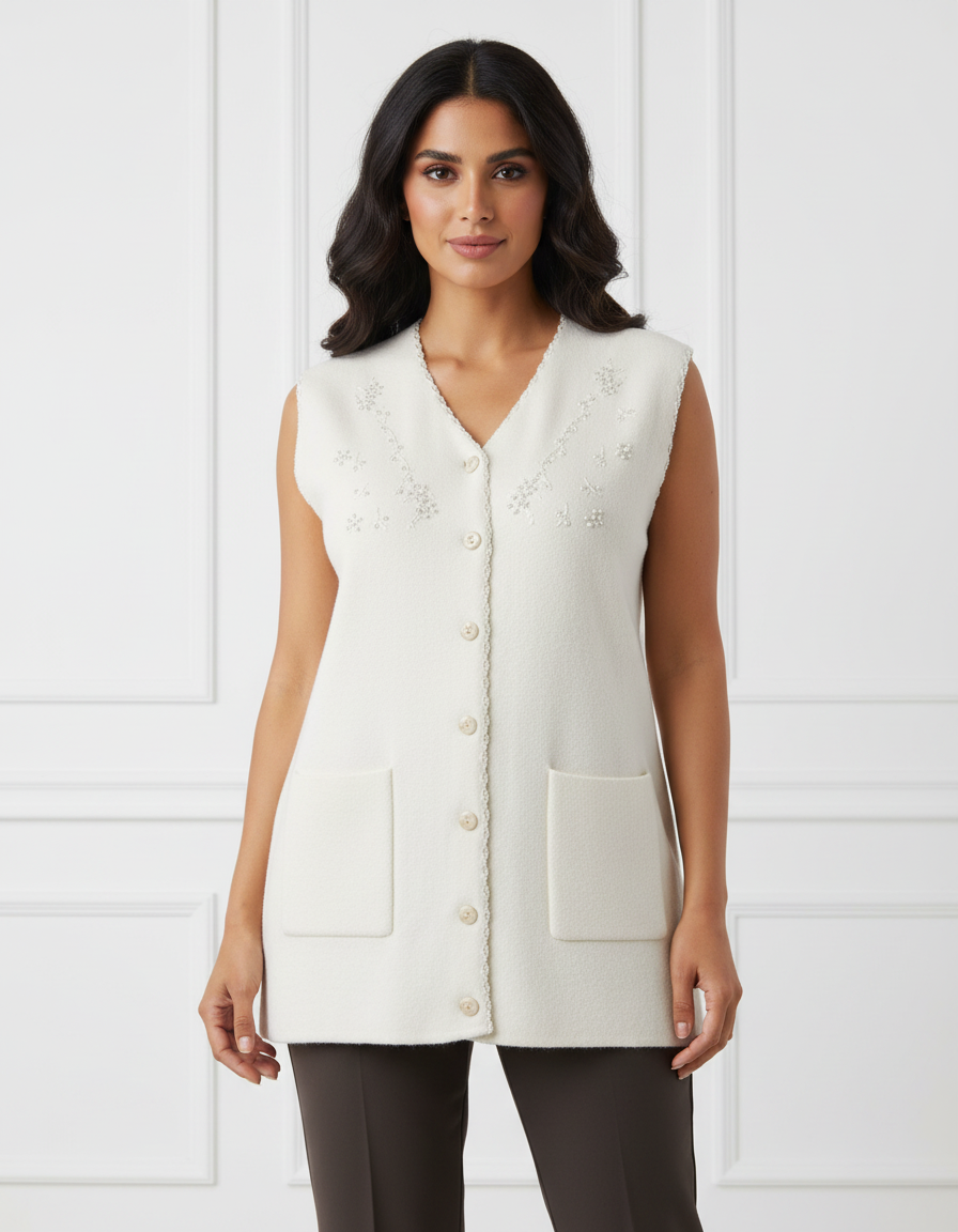 Cozy&Drape cream sleeveless V-neck cardigan with floral beadwork, button front, and patch pockets on a model.