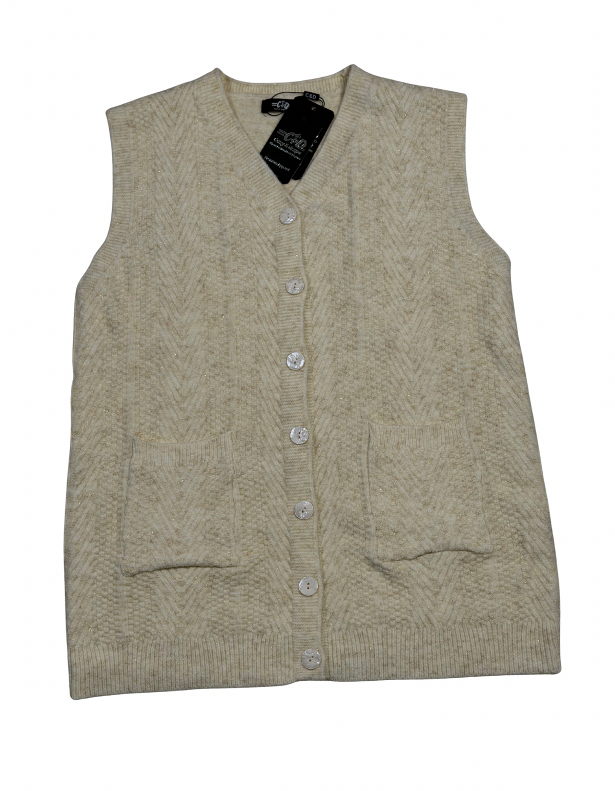 Cozy&Drape sleeveless wool cardigan sweater in cream with a textured chevron pattern, front buttons, and pockets.