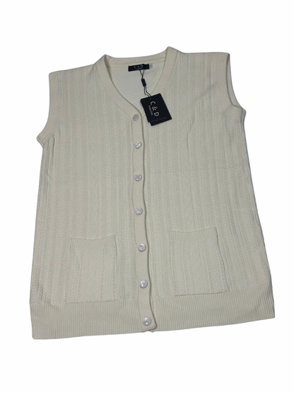 Cozy&Drape cream wool sleeveless cardigan sweater with front buttons and pockets