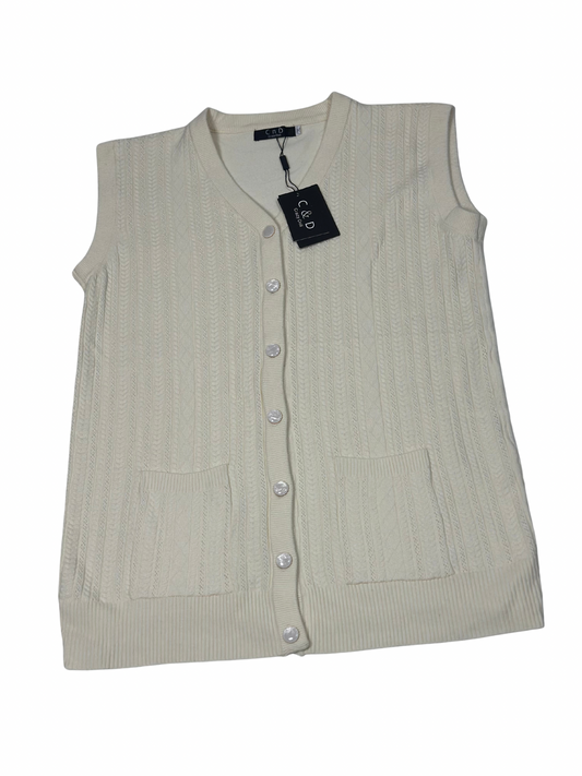 Cozy&Drape cream wool sleeveless cardigan sweater with front buttons and pockets