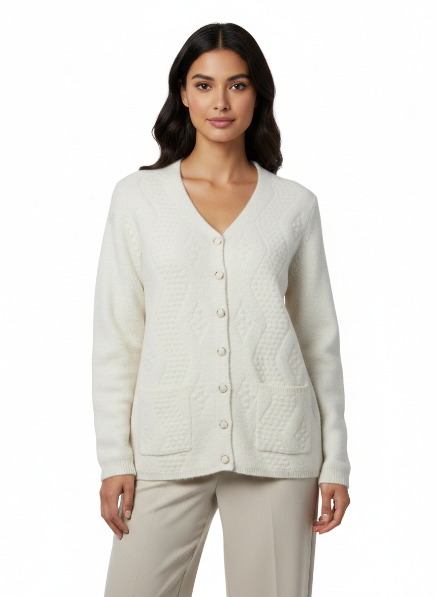 Cozy&Drape cream textured knit V-neck button-down cardigan with front pockets worn by a woman