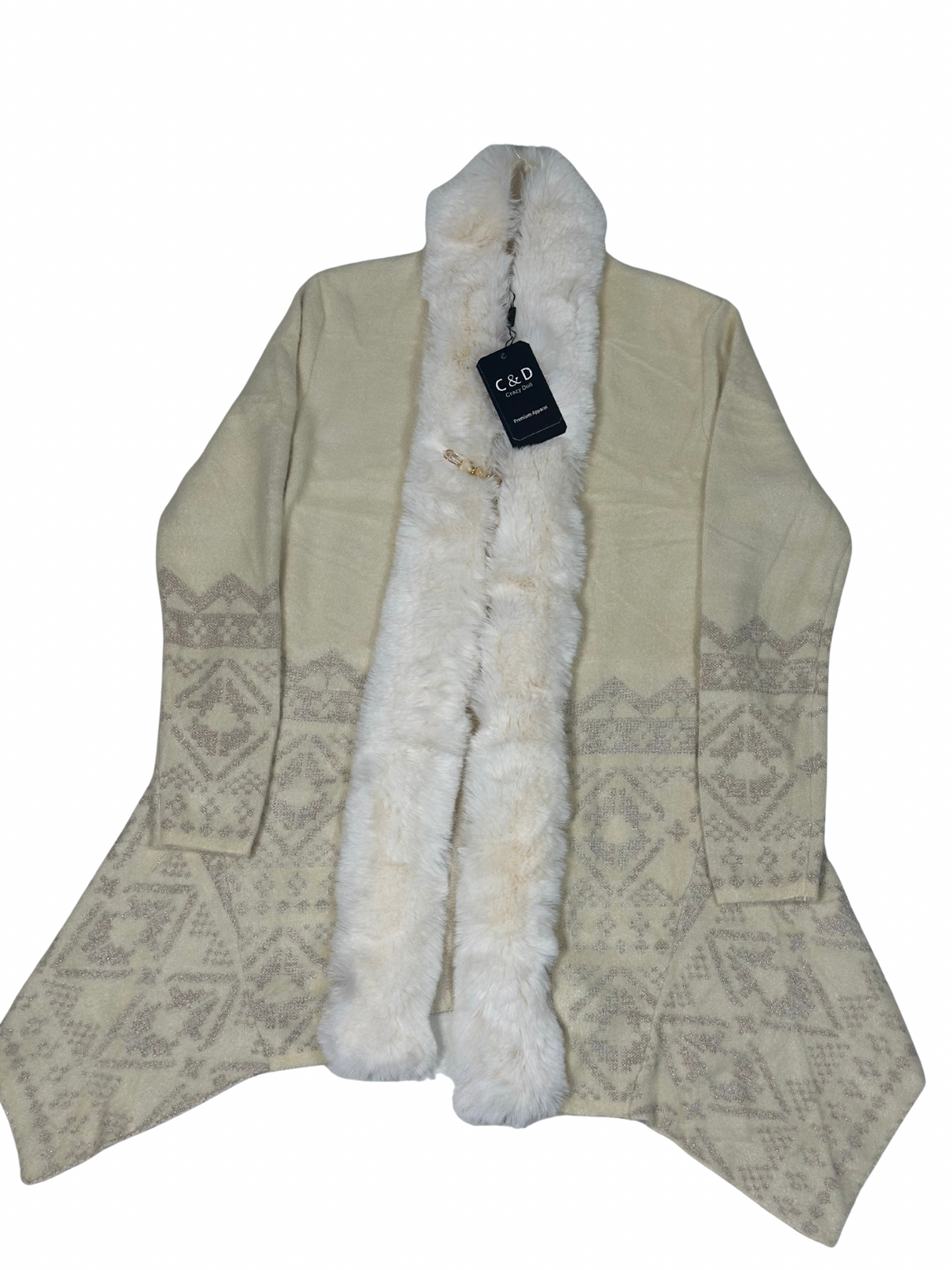 Cozy&Drape cream wool cardigan shrug with attached white faux fur muffler and intricate metallic geometric patterns.