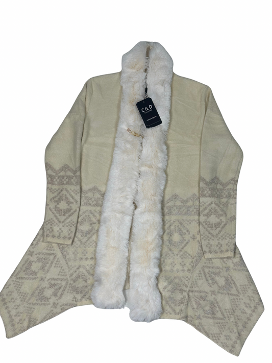 Cozy&Drape cream wool cardigan shrug with attached white faux fur muffler and intricate metallic geometric patterns.