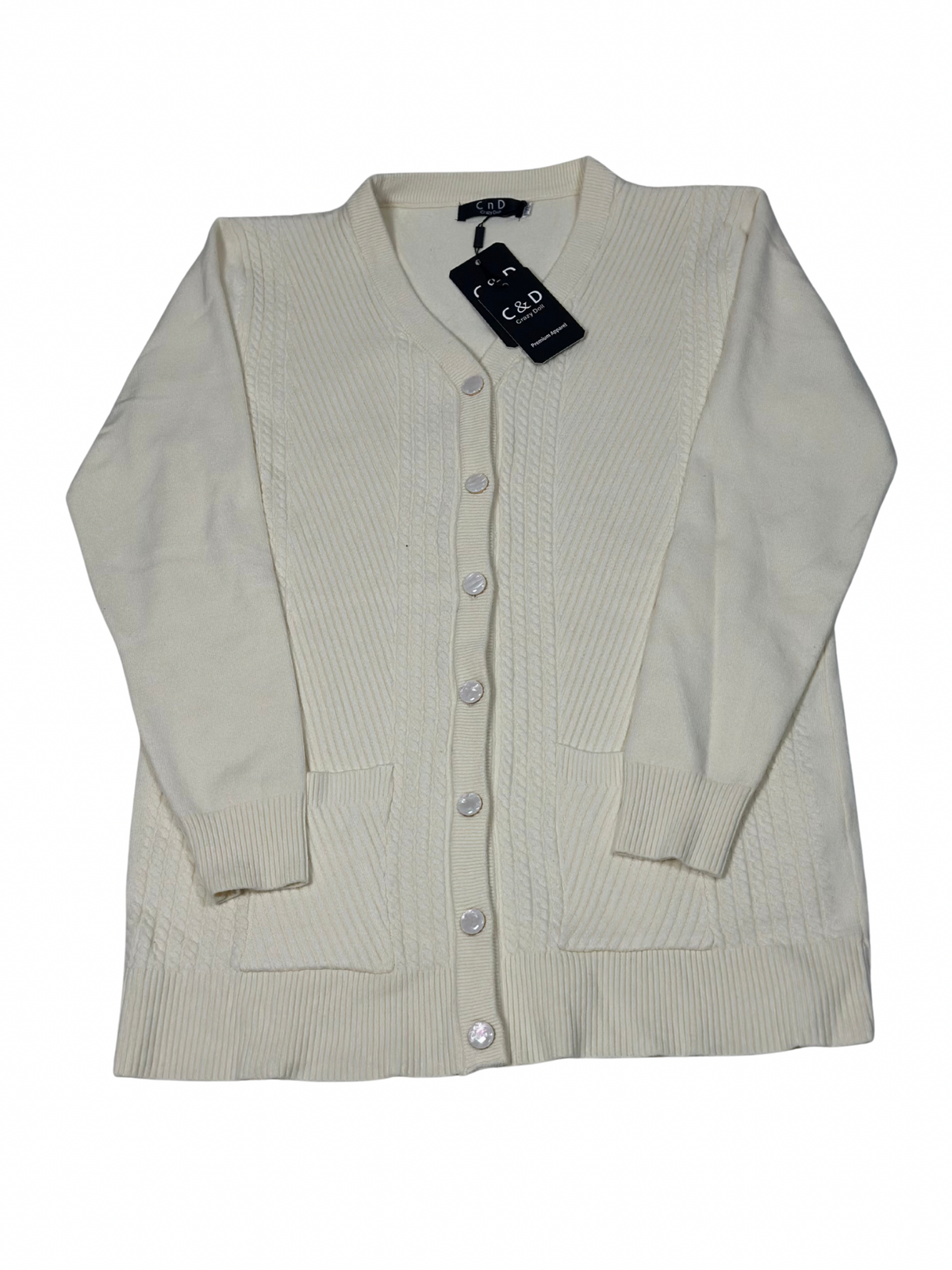 Cozy&Drape cream wool cardigan sweater with long sleeves, button front, and two front pockets.