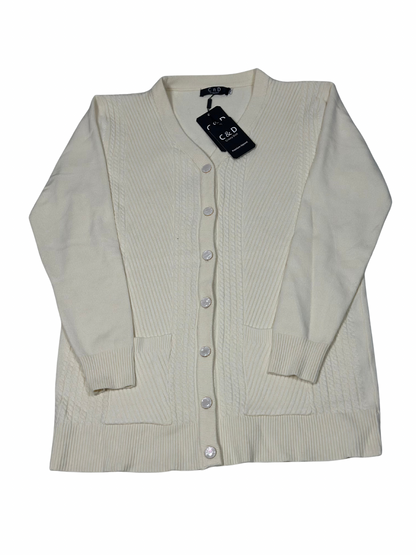 Cozy&Drape cream wool cardigan sweater with long sleeves, button front, and two front pockets.
